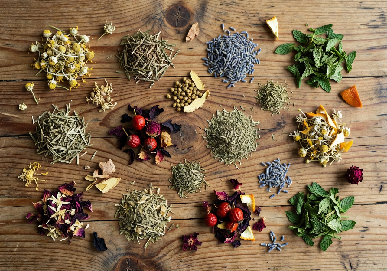 Assortment of dried herbs and herbal tea ingredients arranged on a natural wood surface