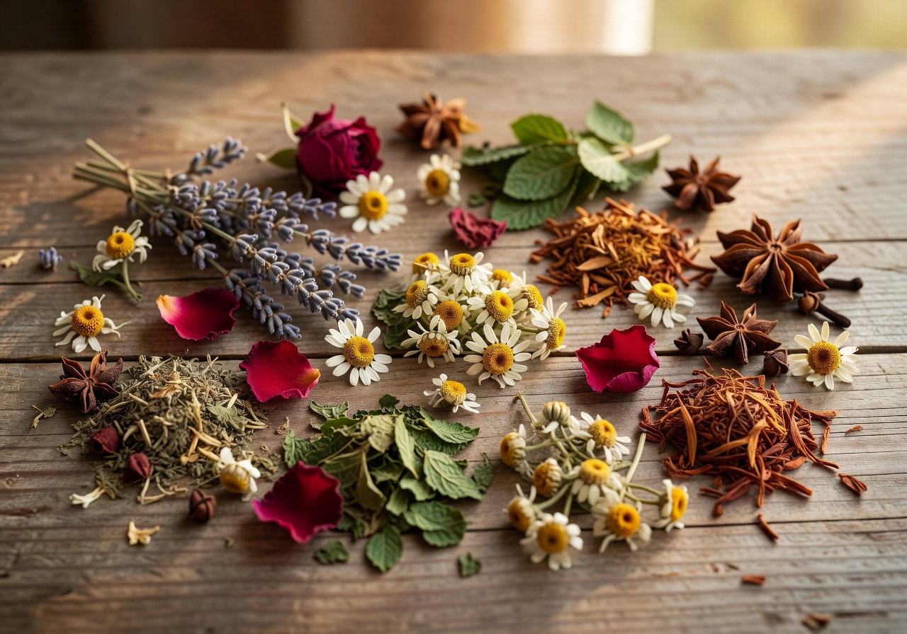 Collection of dried herbs and herbal tea preparations on a rustic wooden table with natural light