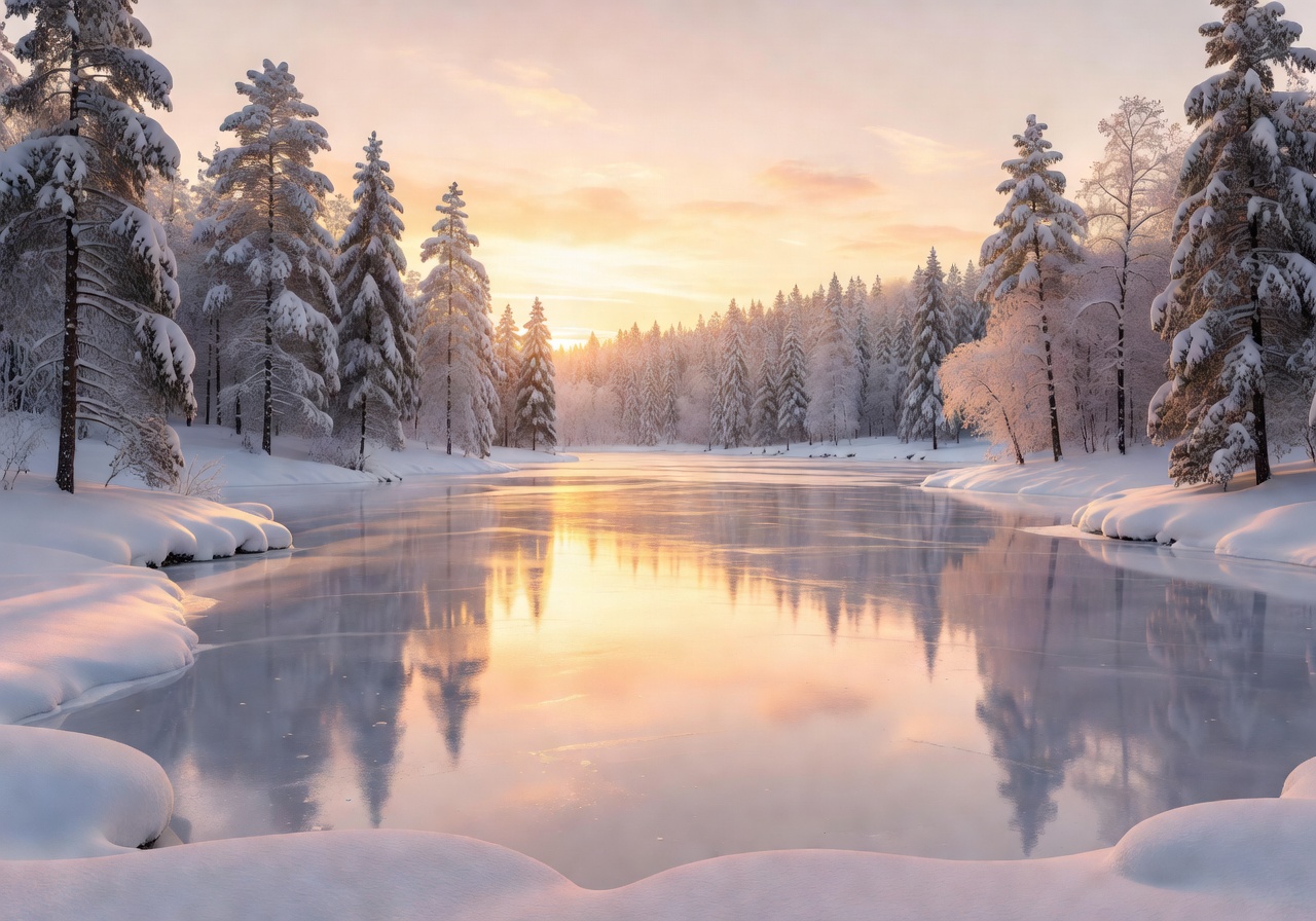 Beautiful winter landscape with a frozen lake, snow-covered trees, and soft golden sunset light