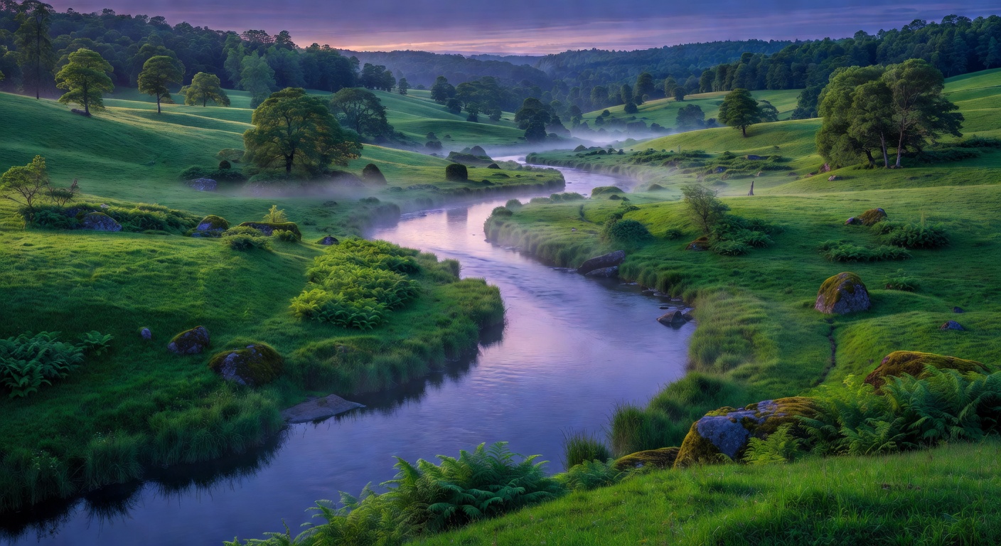 Calm river winding through a lush green valley at twilight with soft atmospheric light