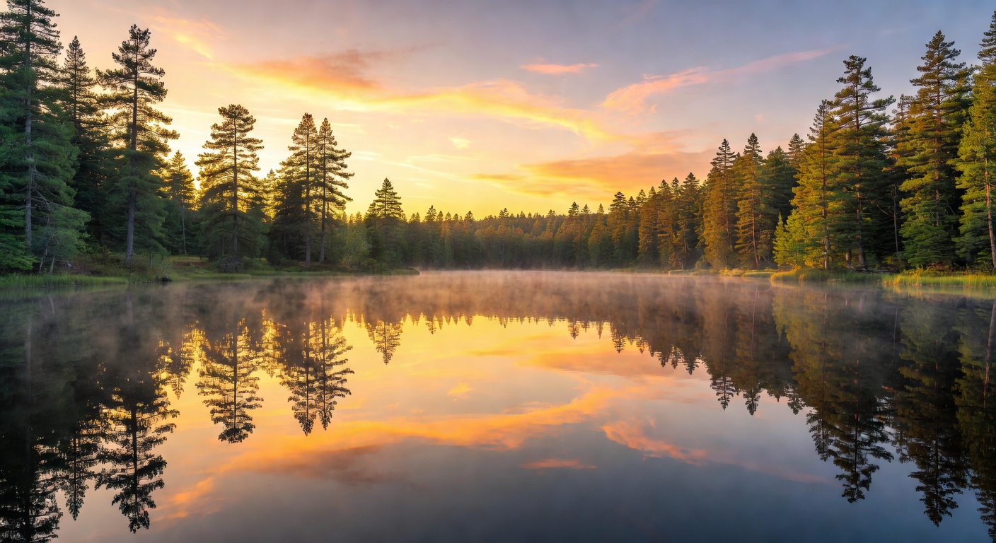 Golden sunrise over a tranquil lake with reflections of the sky and surrounding forest