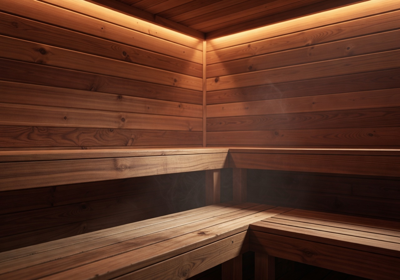 Interior of a cedar-lined sauna with warm amber lighting and natural wood bench