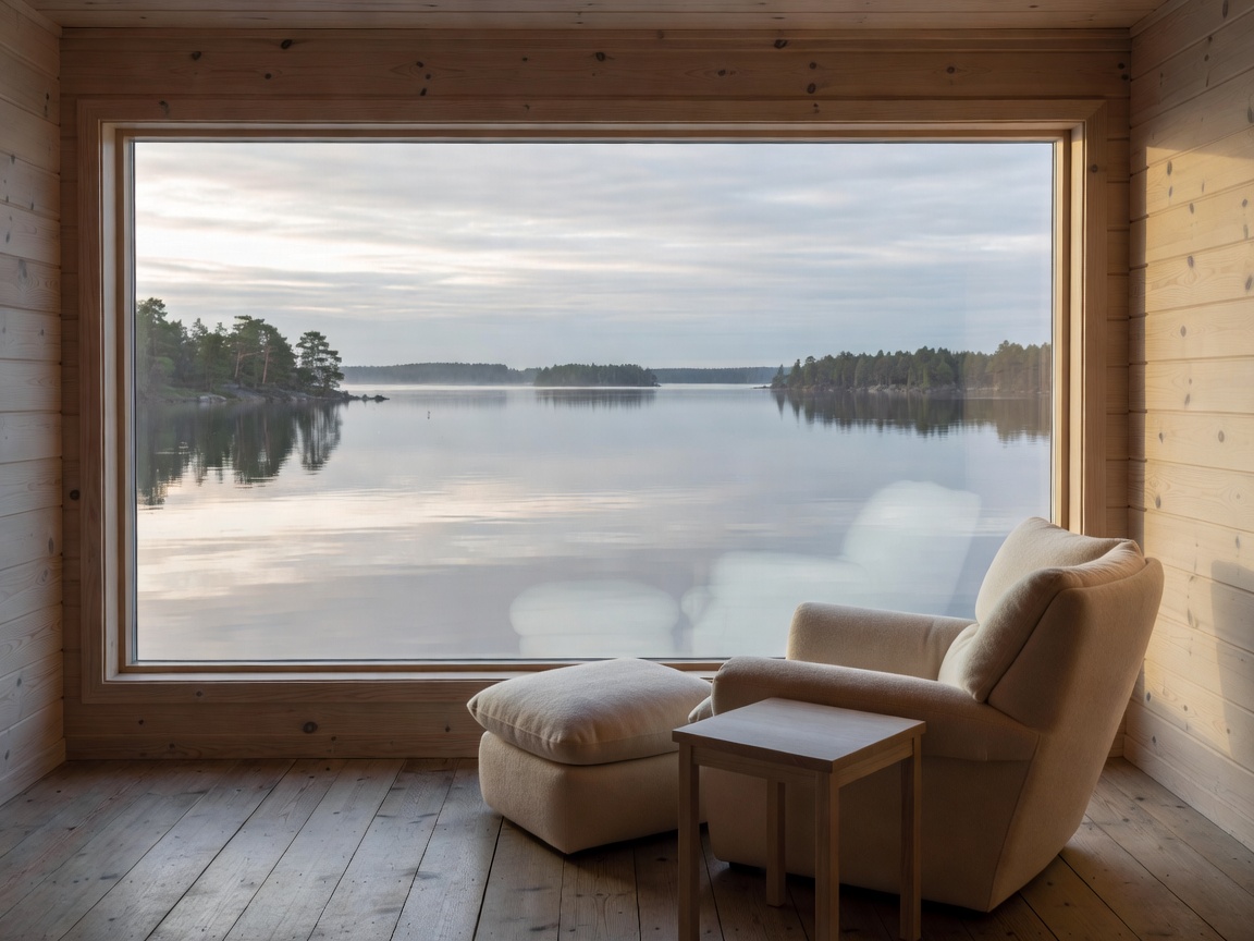 Valoisa hotellihuone suurilla ikkunoilla ja järvinäköalalla