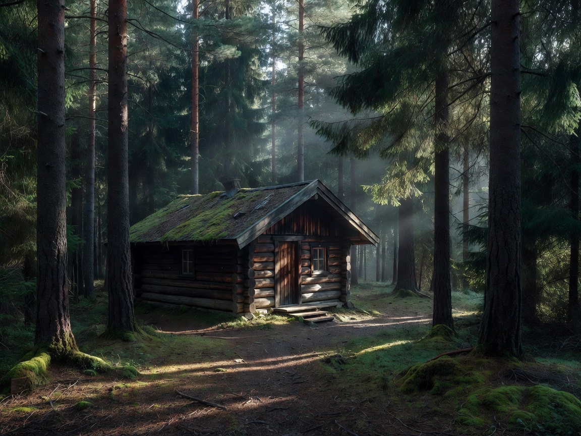 Puulla verhoiltu huone metsämaisemalla