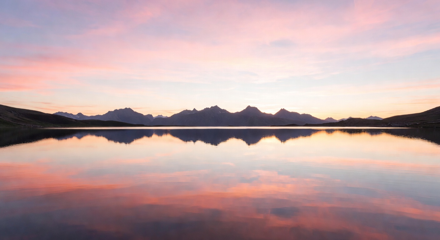 Panoramic view of a pristine lake at sunset with mountain silhouettes and soft pastel sky colors