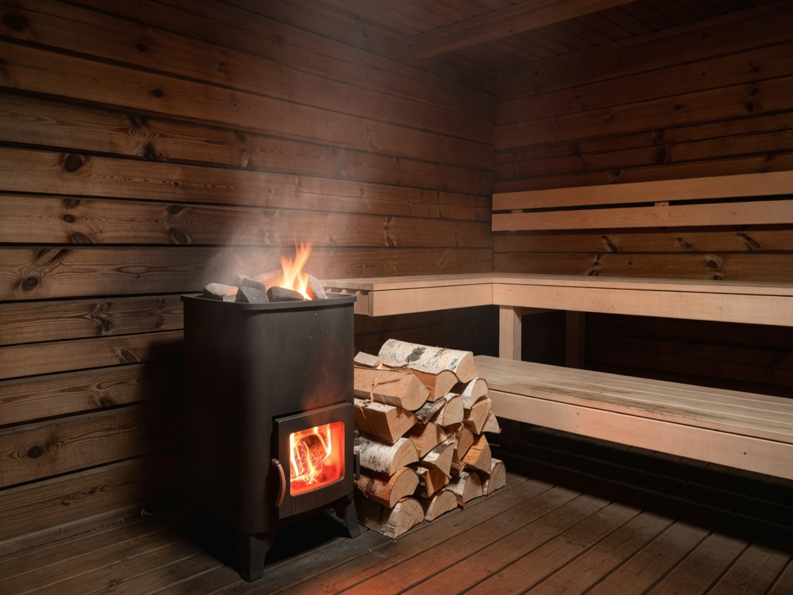 Perinteinen puulämmitteinen sauna ja lauteet