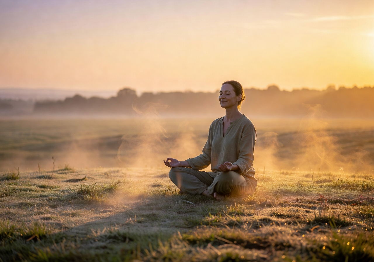 Person in a peaceful yoga pose on a wooden platform surrounded by nature at sunrise