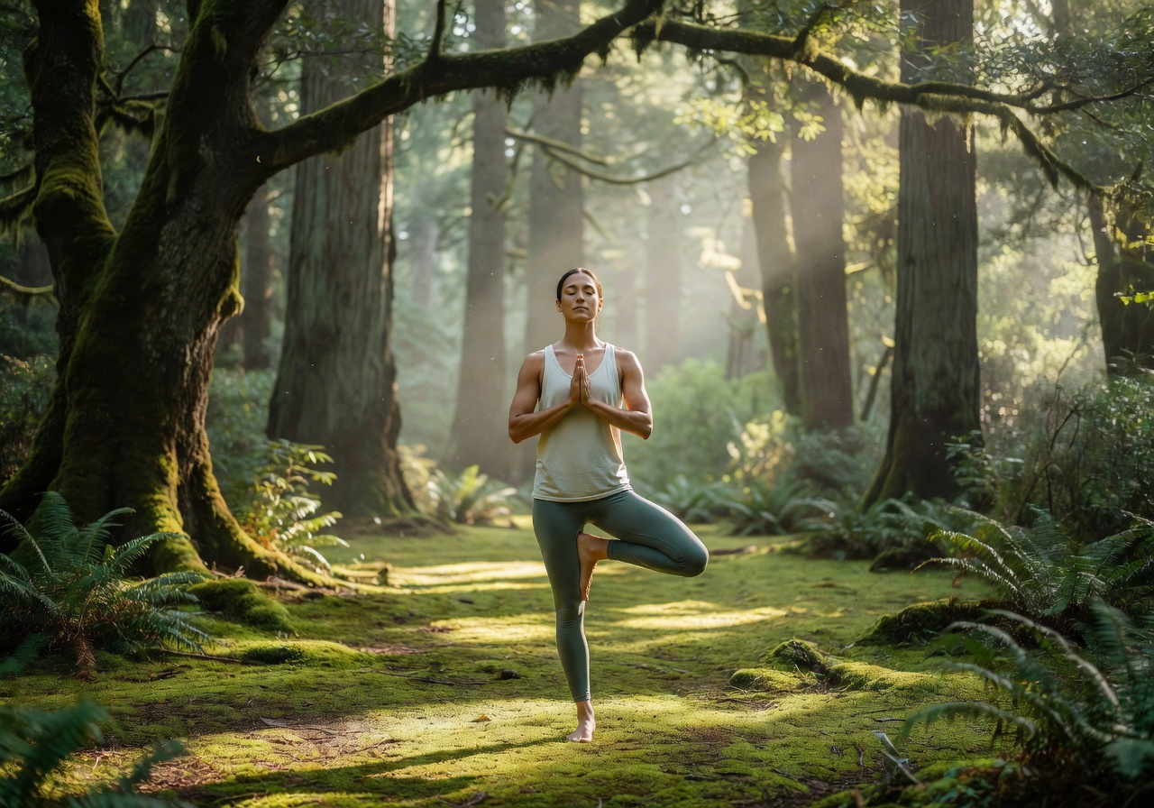 Person practicing yoga in a serene outdoor setting with trees and soft morning light