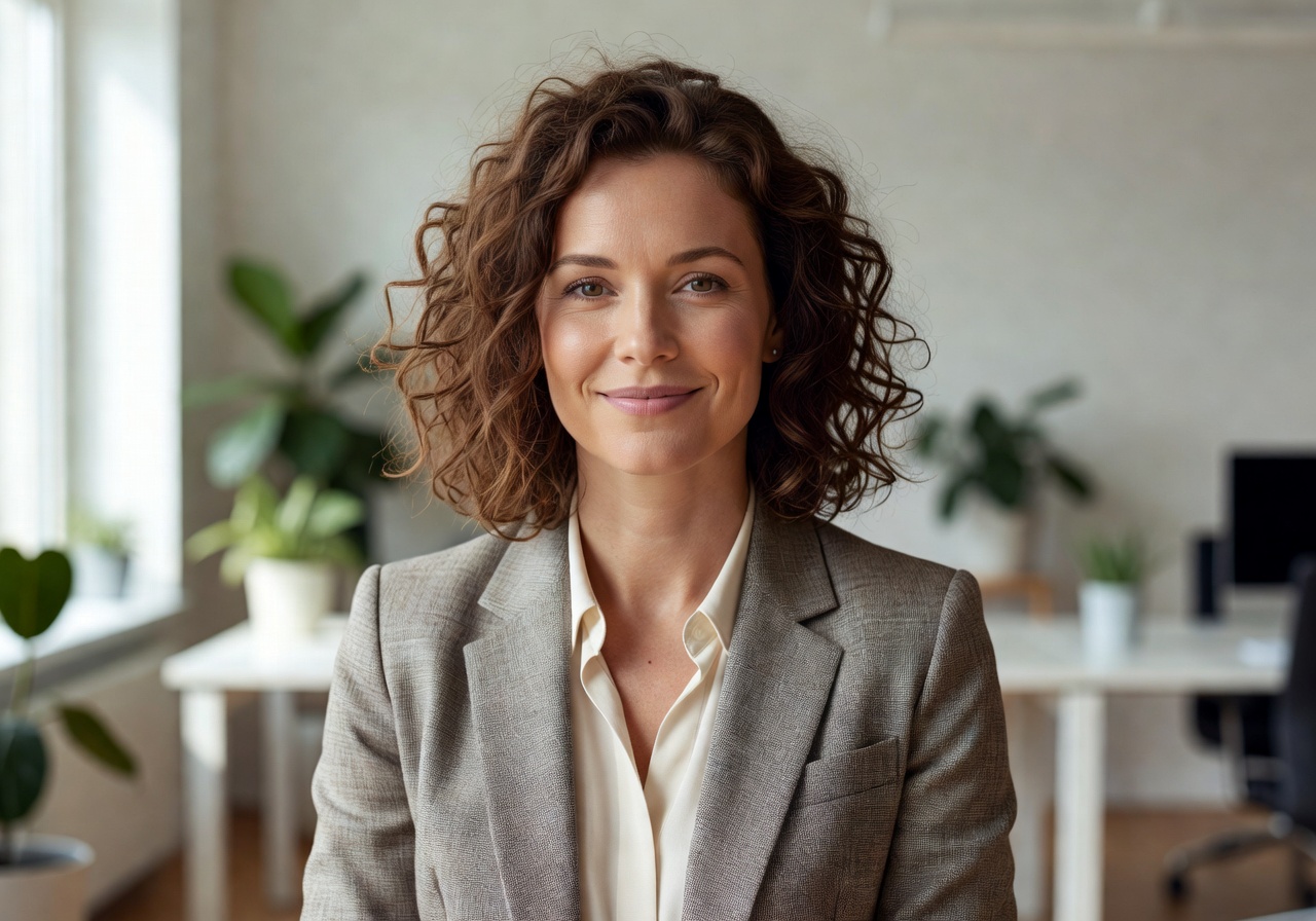 Portrait of Anna Lindström, co-founder with warm smile and natural curly hair