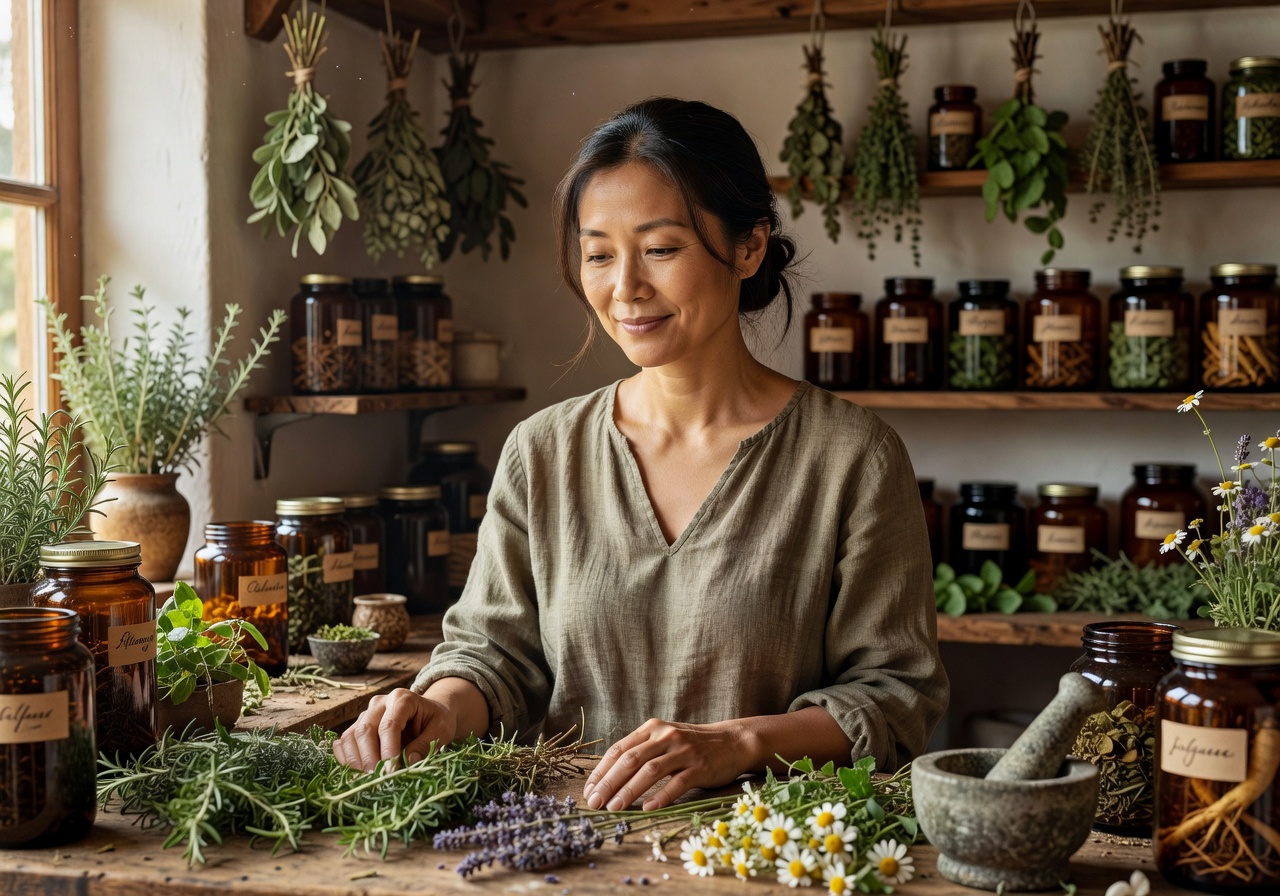 Portrait of Dr. Maya Chen, wellness herbalist, with serene expression and dark hair
