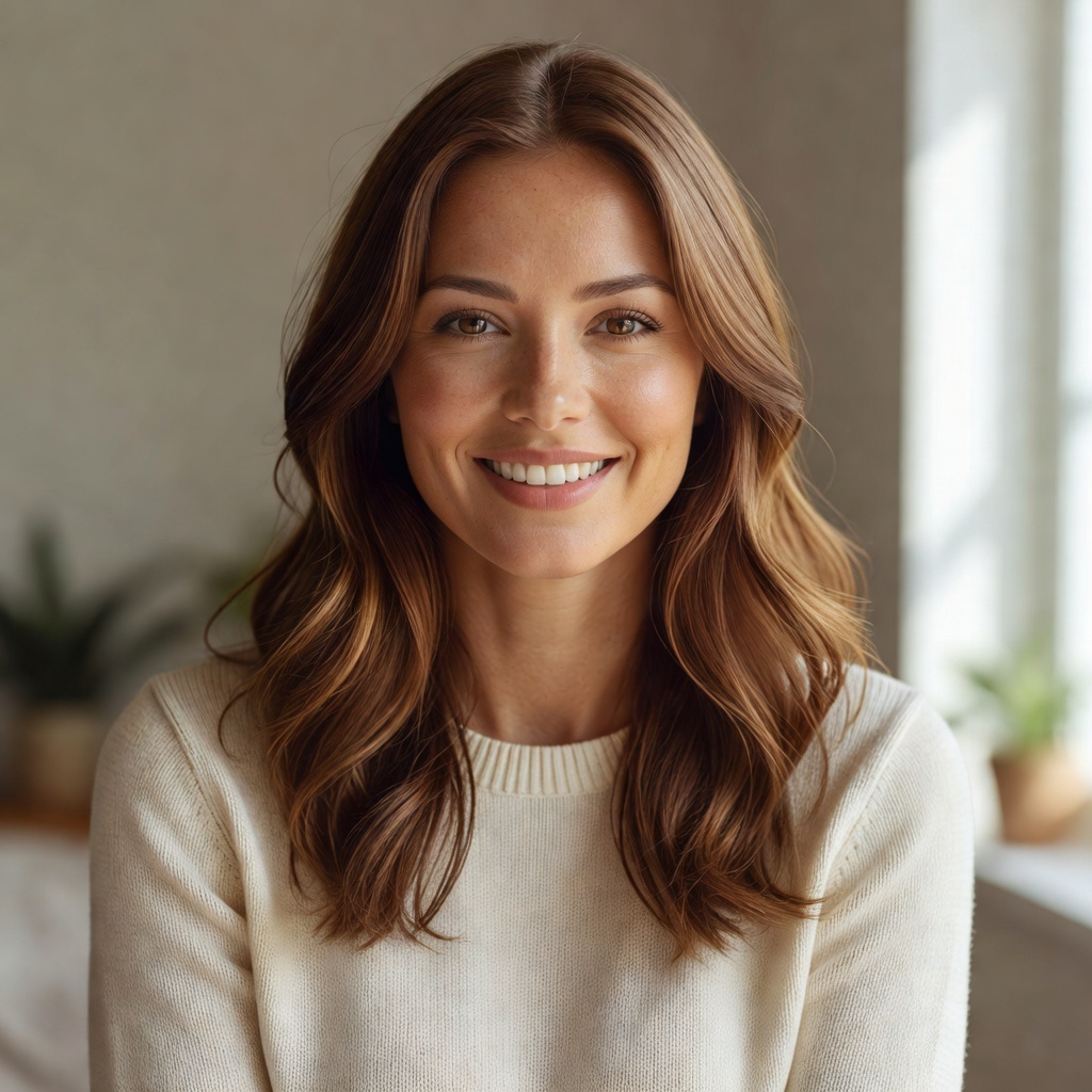 Portrait of Elena M., a smiling woman with warm brown hair