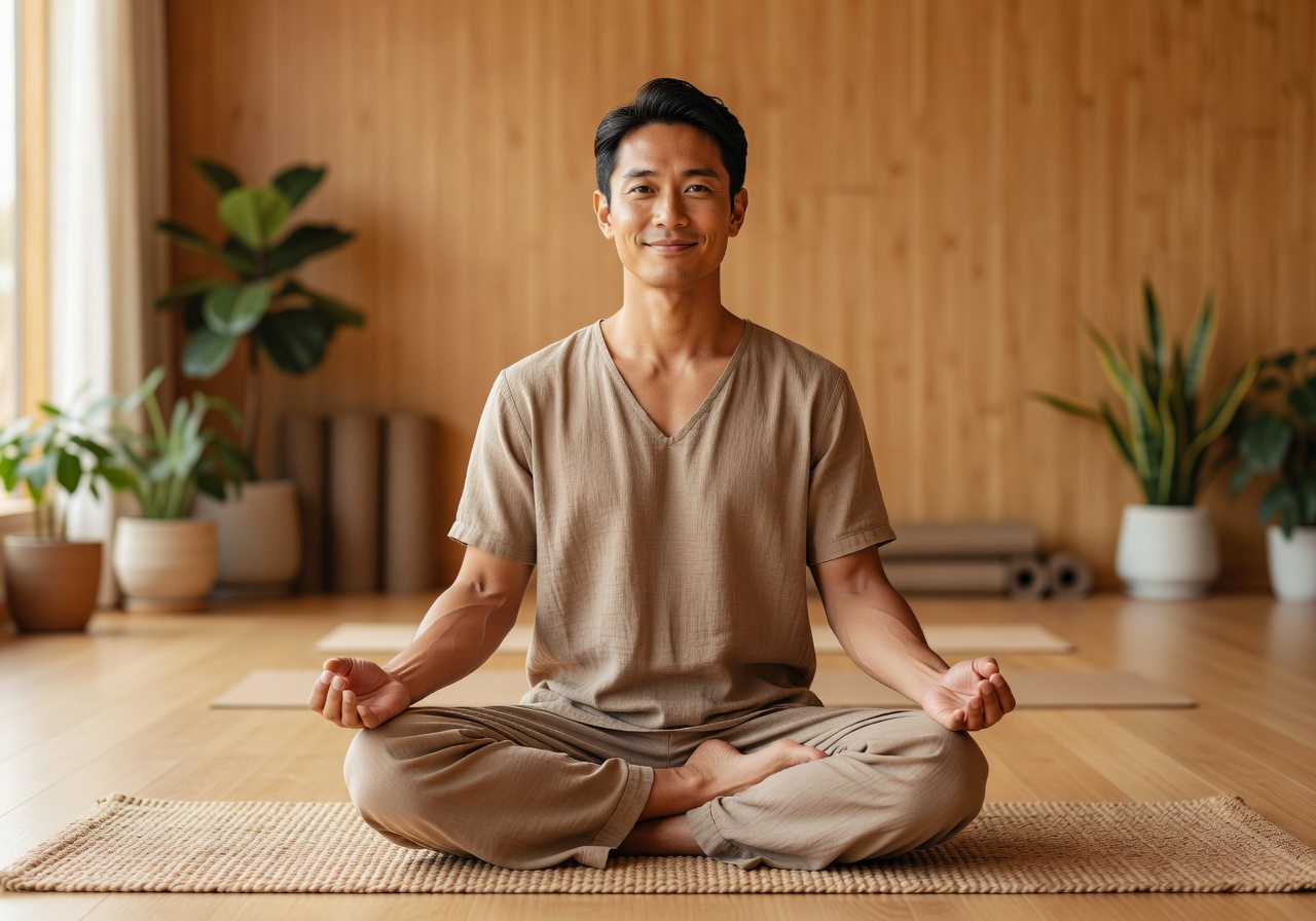 Portrait of Kai Nakamura, lead yoga instructor, with calm and welcoming expression