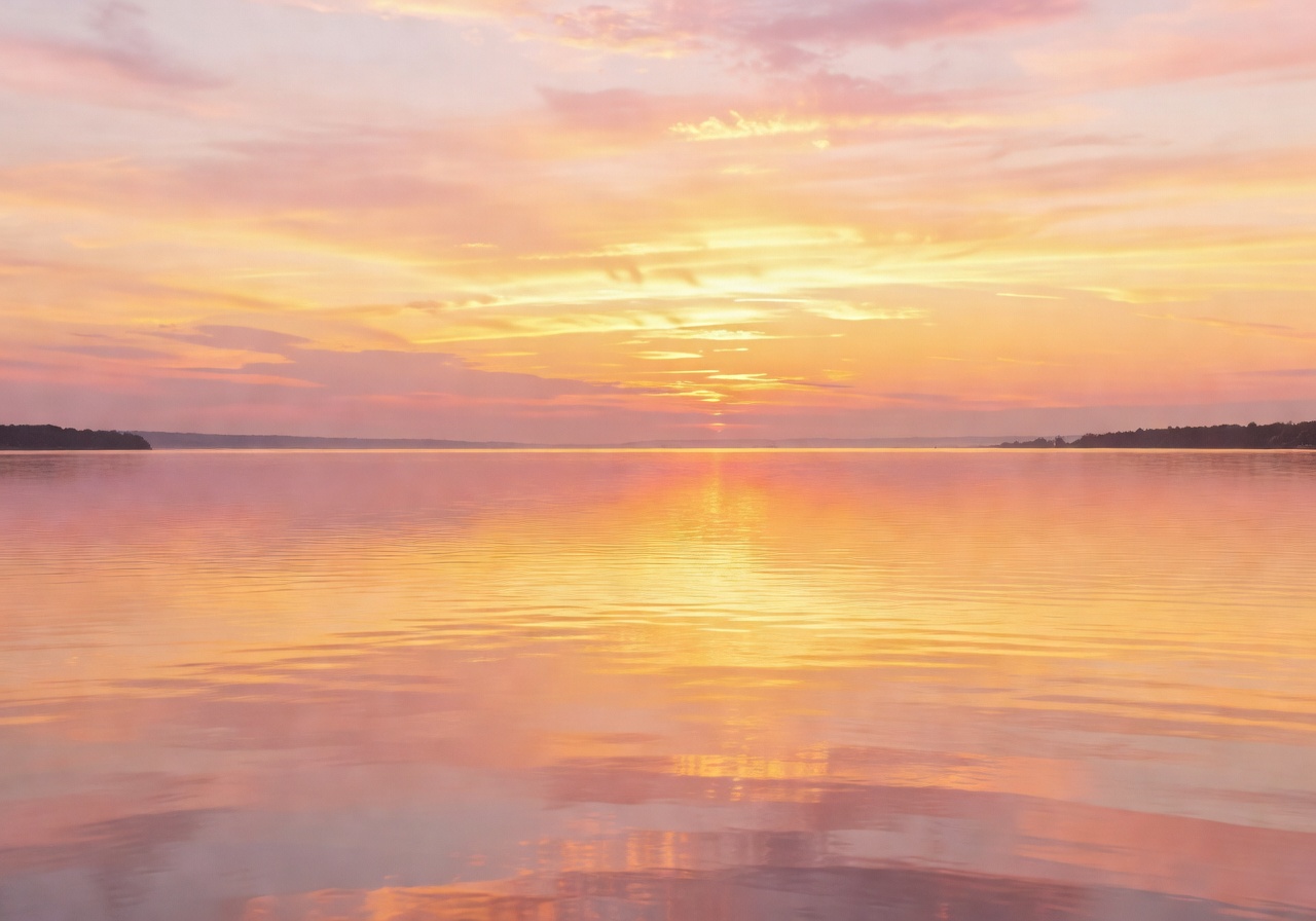 Romantic sunset over a calm lake with warm golden and pink hues reflected on the water