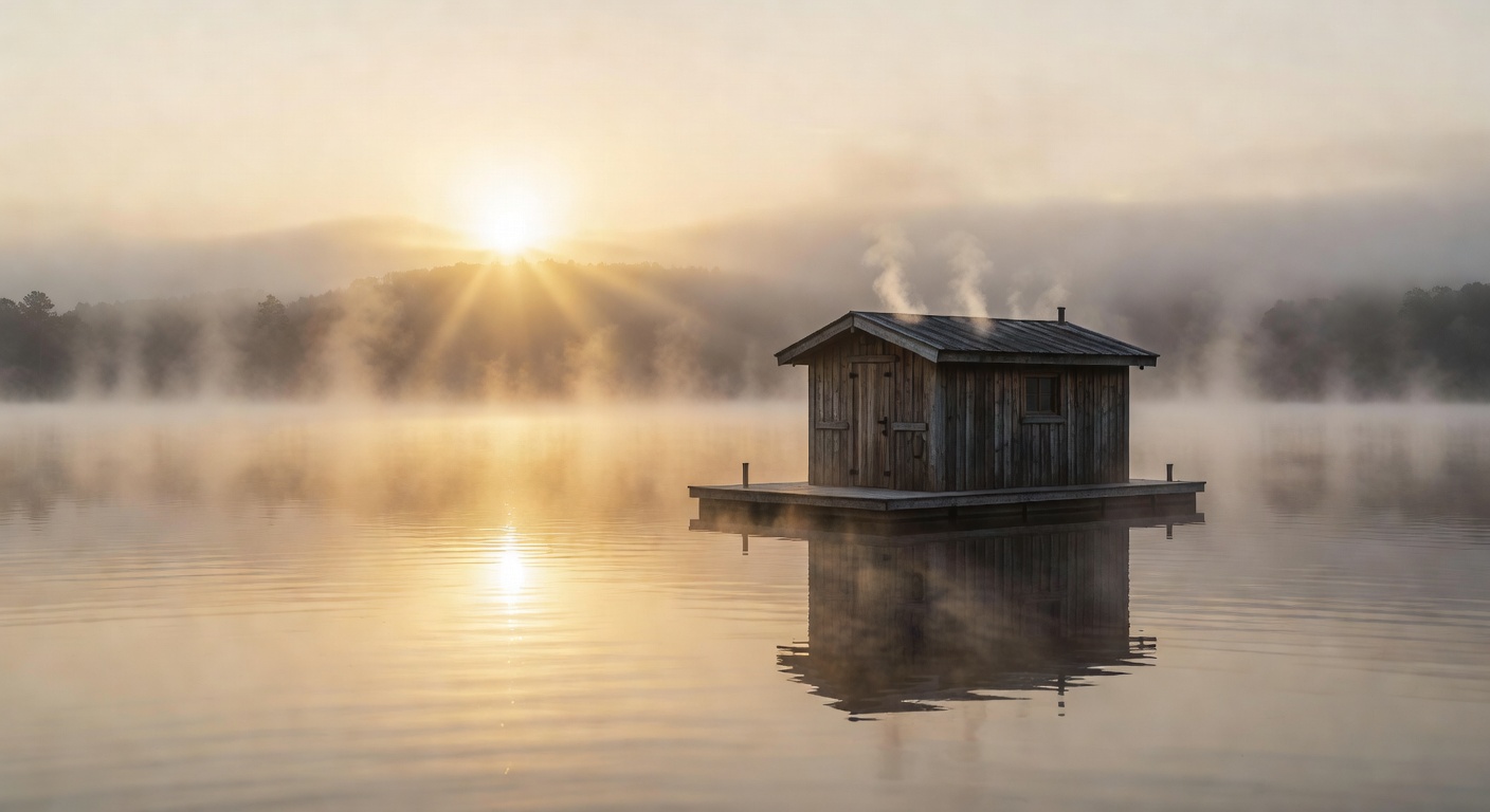 Serene floating sauna on a misty lake at sunrise with golden light reflecting on calm water