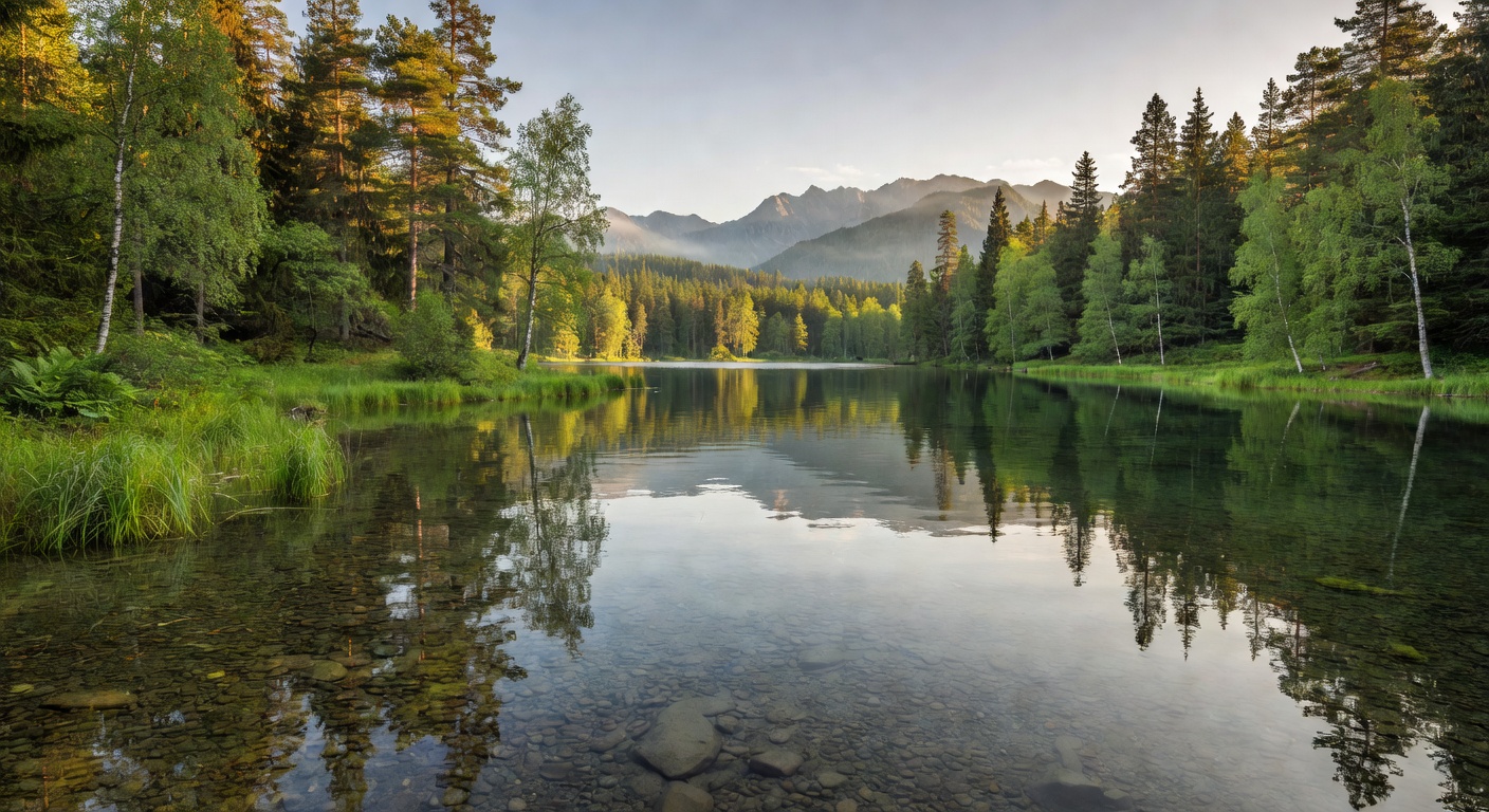 Aerial view of a calm lake surrounded by dense forest with morning mist rising from the water surface