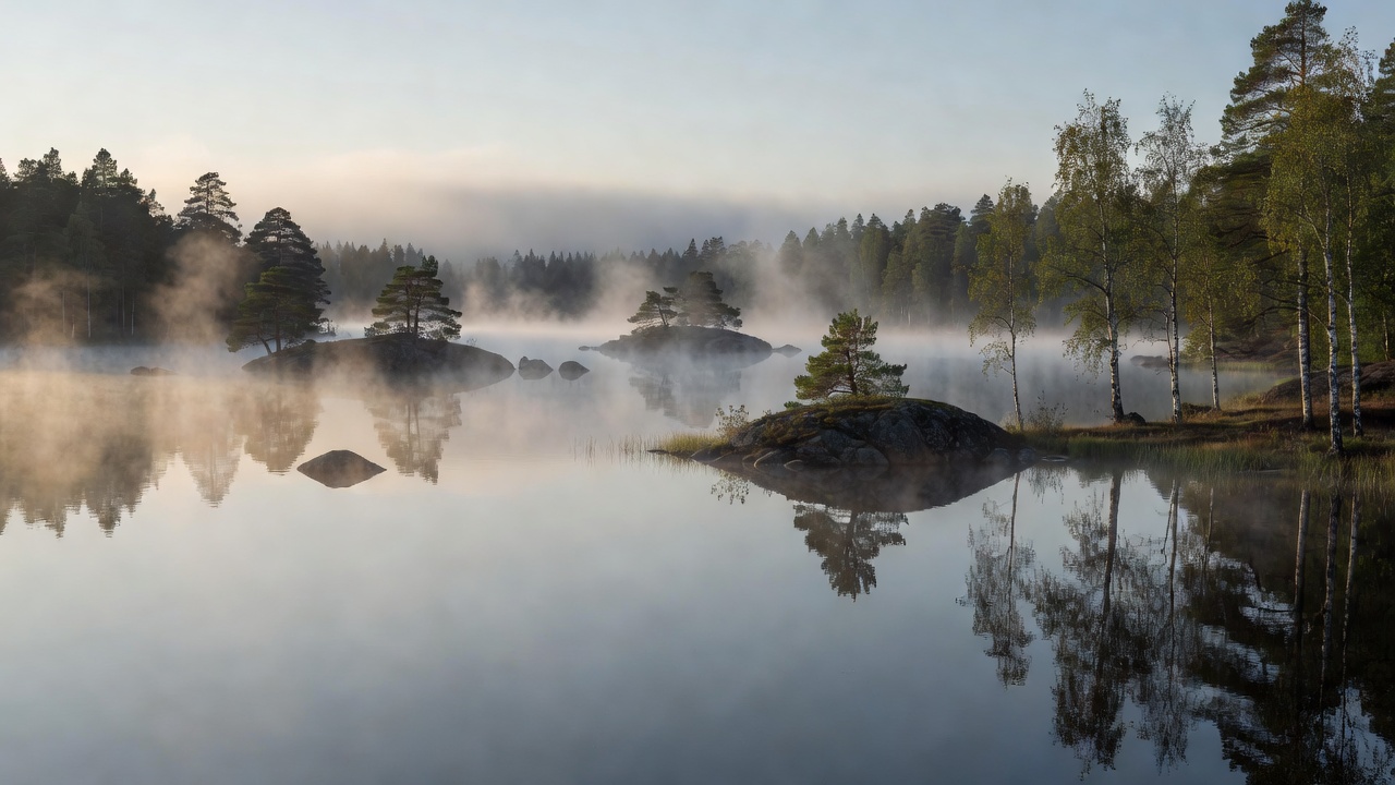 Sumuinen suomalainen järvimaisema aamulla