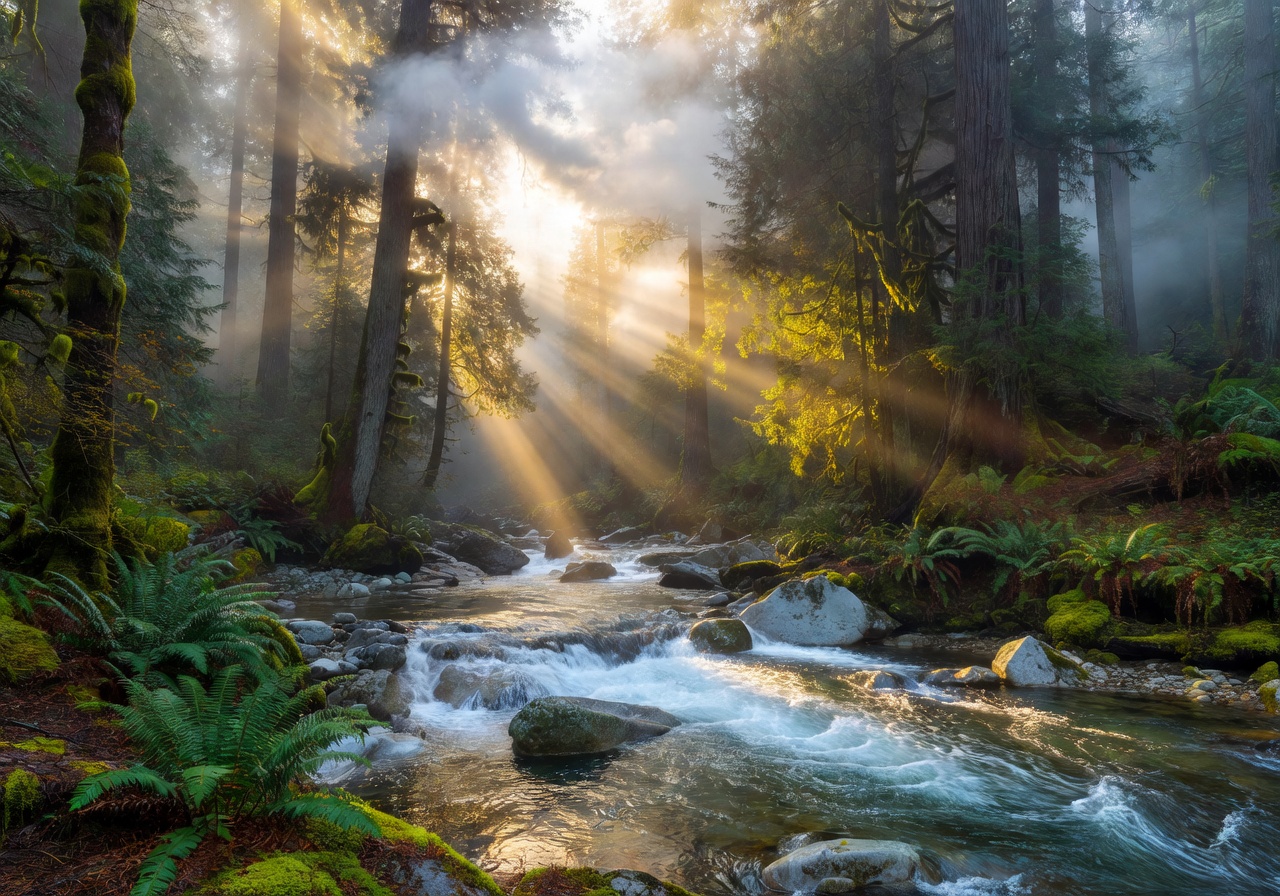 Sunbeams filtering through a misty forest canopy onto a flowing river