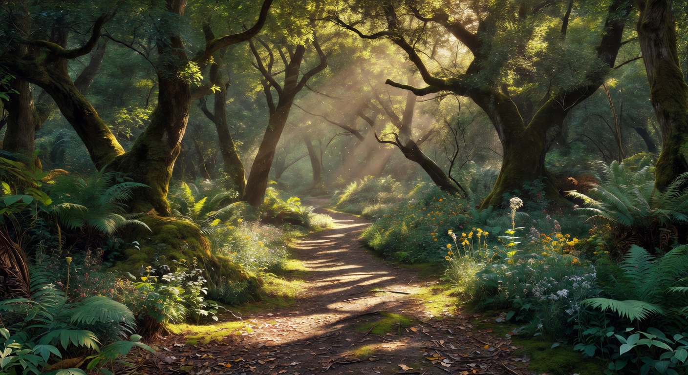 Sunlit forest path with light filtering through canopy creating dappled patterns on the ground