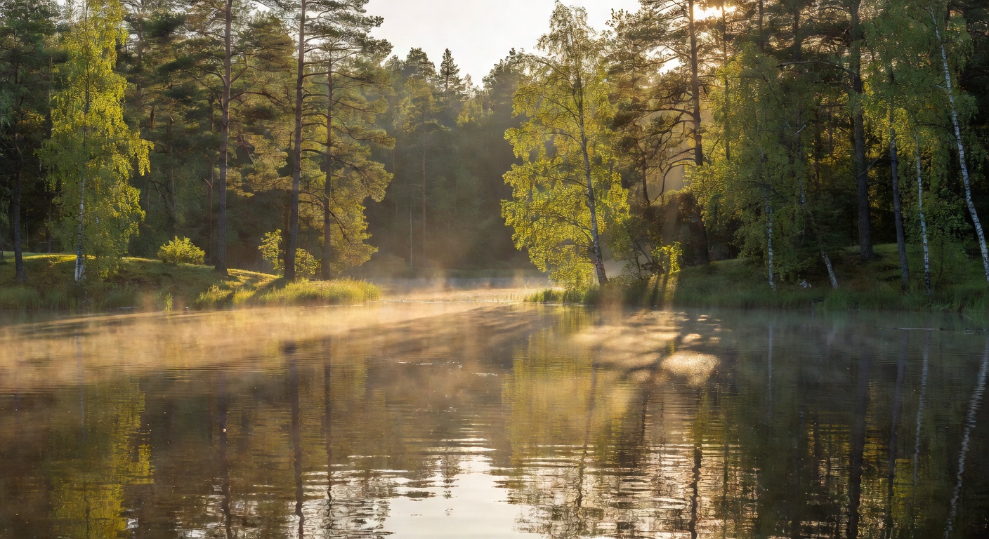 Warm sunlight streaming through trees onto a tranquil lake with gentle ripples on the water surface