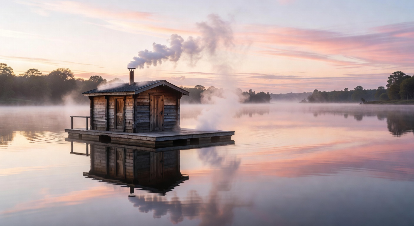 Wooden floating sauna structure with steam rising on a peaceful river at dawn